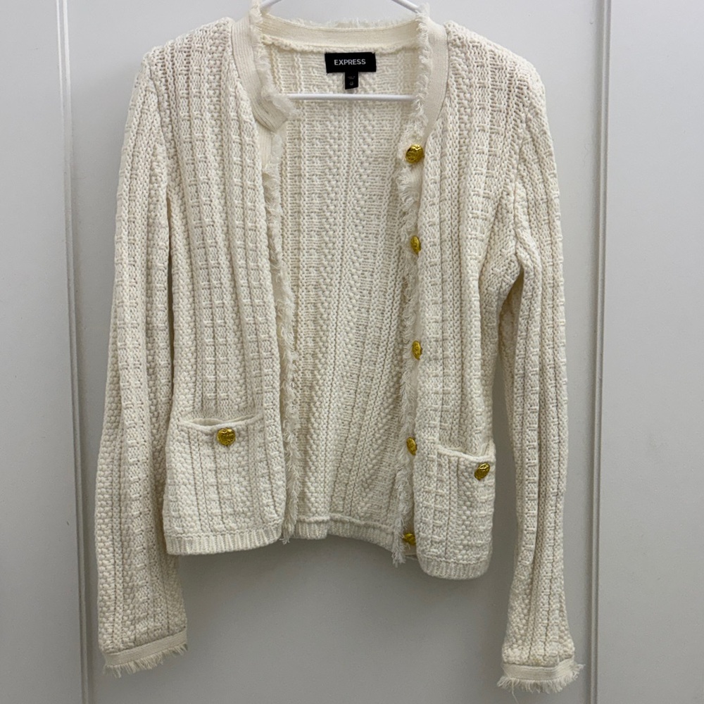 Express Ivory Textured Cardigan with Gold Buttons